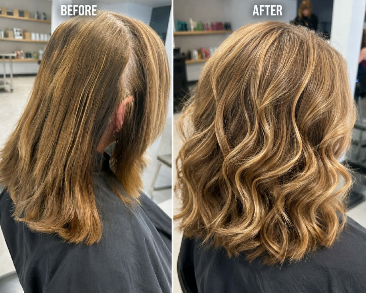 Before and after collage showing blonde hair styled into soft waves