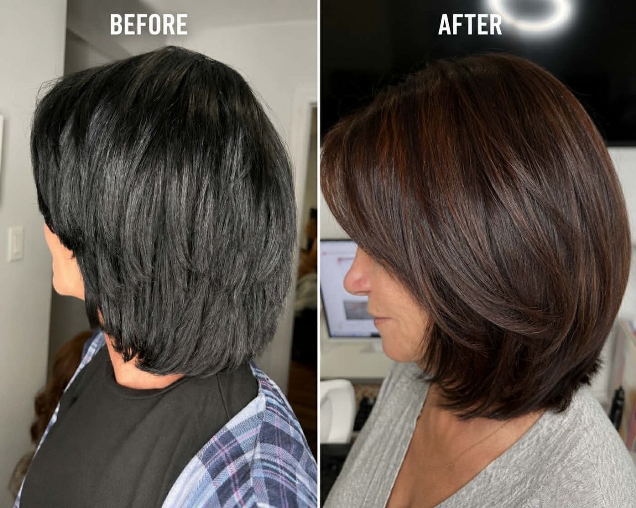 Before and after collage showing a brunette bob polished into a smooth finish