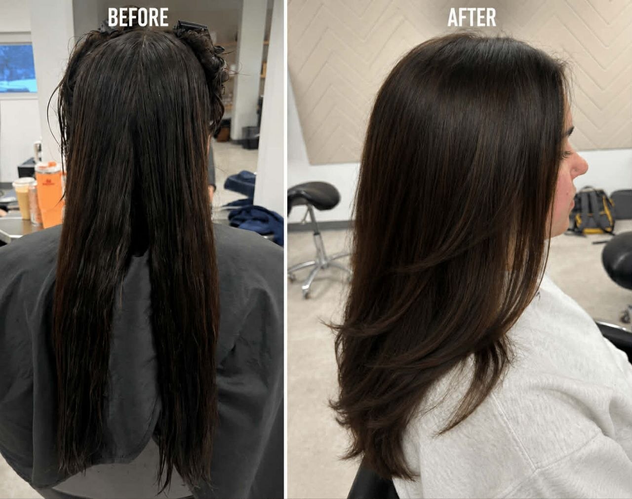 Before and after collage showing dark hair shaped into smooth brunette layers