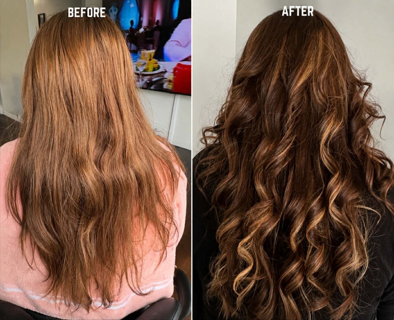 Before and after collage showing long hair styled into caramel curls